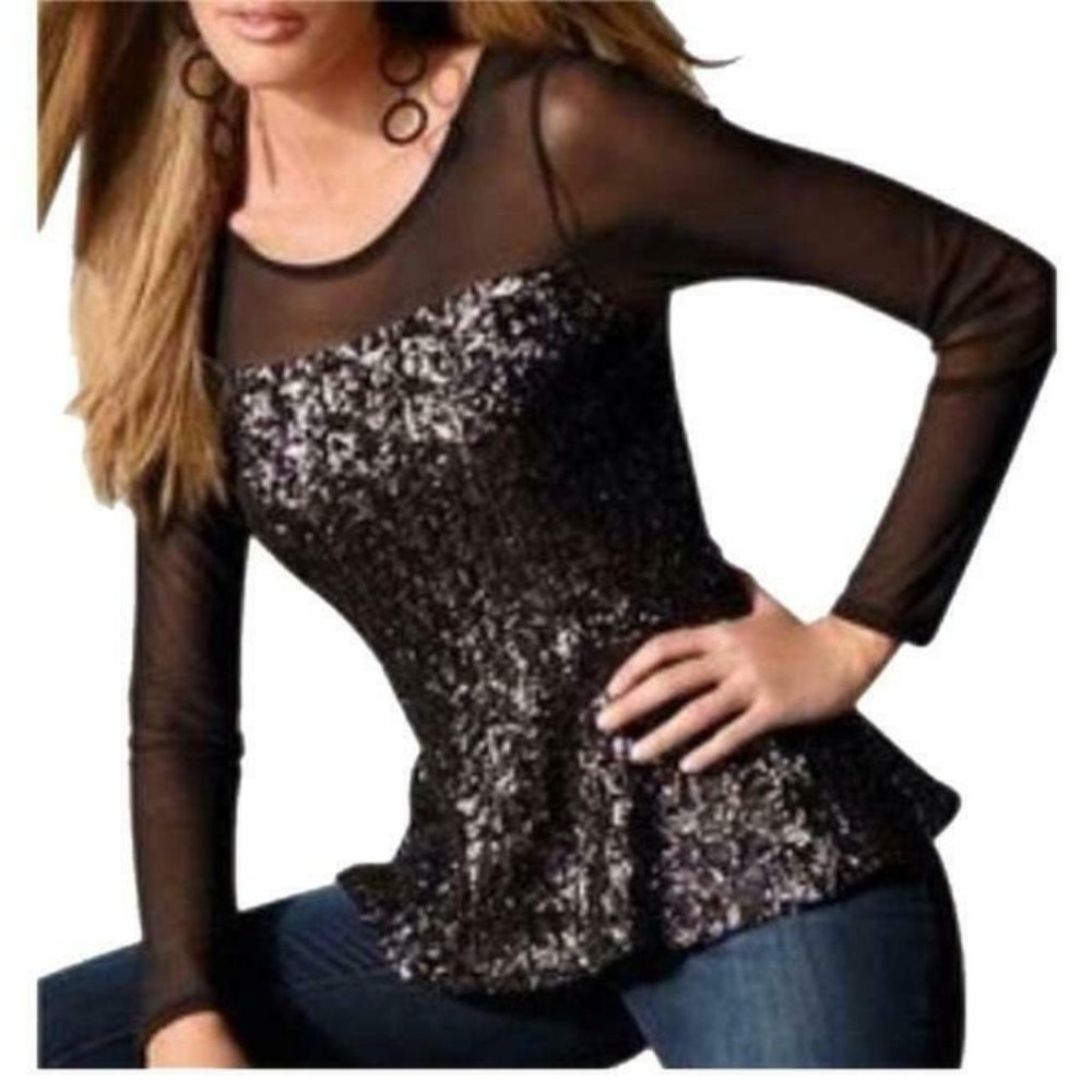 Boston Proper Black Mesh Sequin Peplum Top (Size S)- SALE!!!